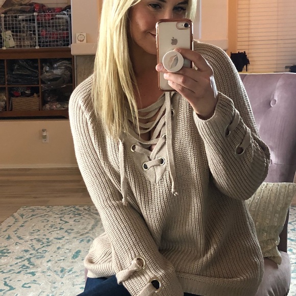 Last 1! Medium lace up sweater - tan - Picture 3 of 5